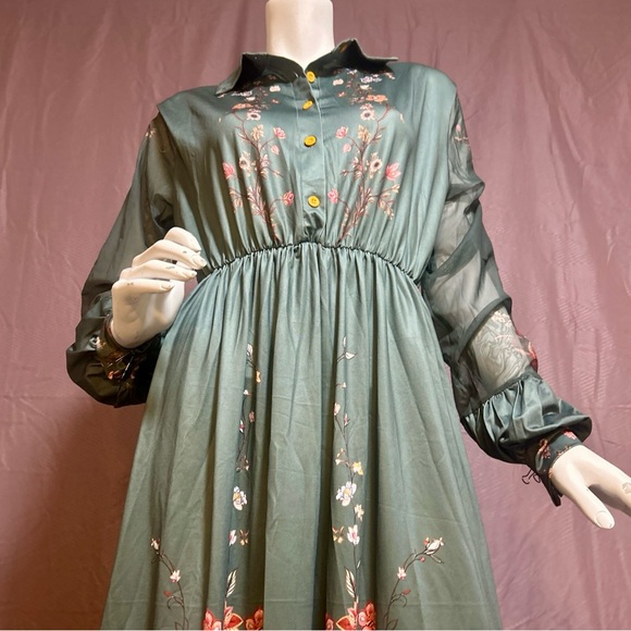 Green Floral Chiffon Maxi Dress  Boho Prairie Long Sleeve Elastic Waist Size: M - Picture 3 of 13